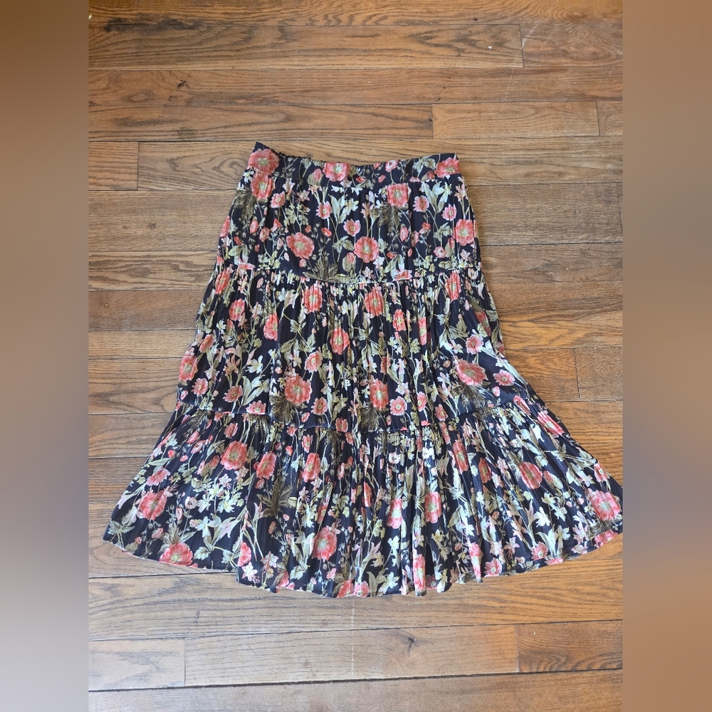 Floral Tiered Midi Skirt in Black and Coral